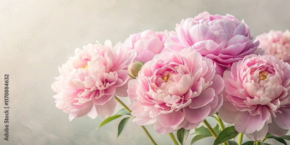 Fototapeta premium Soft pink peony flowers in full bloom against a white background with subtle texture, delicate, classic, delicate, classic