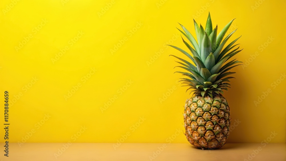 Bright yellow pineapple with a slightly wilted leaf on a vibrant yellow background, citrus, yellow pineapple Bright yellow pineapple with a slightly wilted leaf on a vibrant yellow background, citrus, yellow pineapple