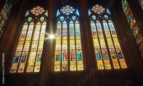 Sunlit gothic cathedral stained glass