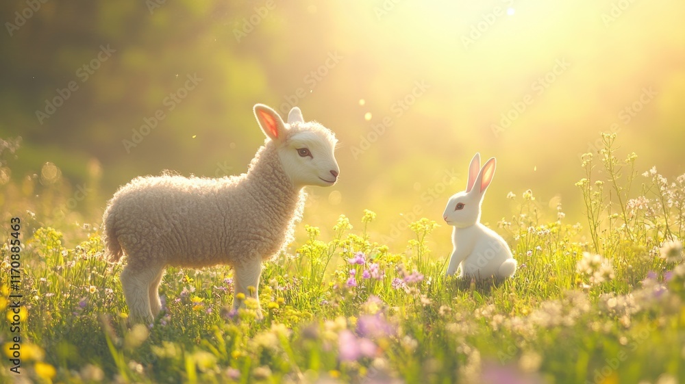 Obraz premium Lamb and bunny in green field with wildflowers, playful Easter moment. Easter