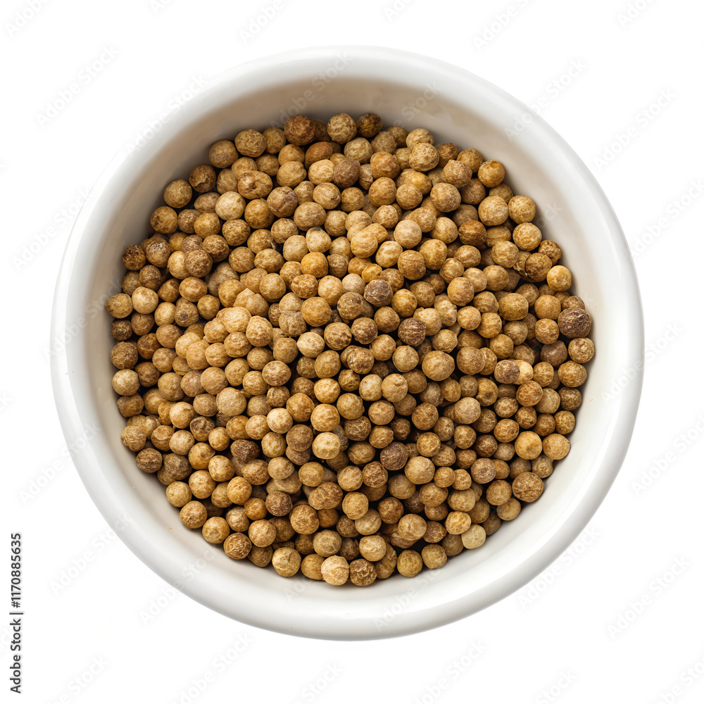 Top view shows a small pile of round coriander seeds, with a golden-brown hue, in a white ceramic bowl., isolated on a transparent background Top view shows a small pile of round coriander seeds, with a golden-brown hue, in a white ceramic bowl., isolated on a transparent background