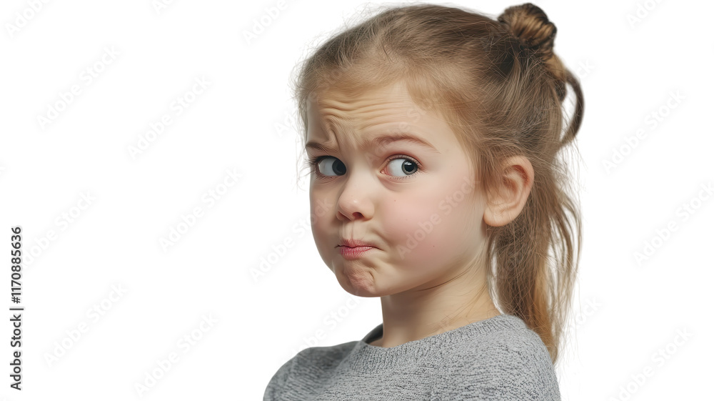 A young girl with a skeptical expression, perfect for illustrating pensive or uncertain emotions in children's educational materials or marketing campaigns.. A young girl with a skeptical expression, perfect for illustrating pensive or uncertain emotions in children's educational materials or marketing campaigns..