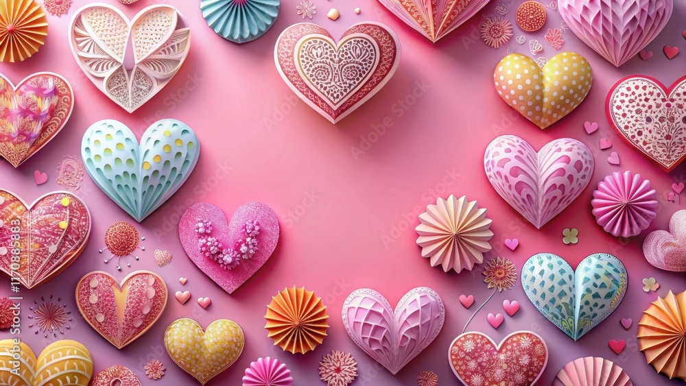 Colorful paper hearts on pink background with intricate designs and patterns , love symbols, valentine's day decor Colorful paper hearts on pink background with intricate designs and patterns , love symbols, valentine's day decor