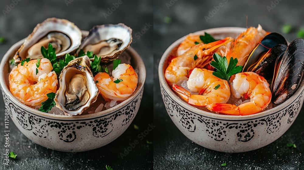 Two bowls of fresh seafood shrimp, oysters, and mussels on ice. Two bowls of fresh seafood shrimp, oysters, and mussels on ice.