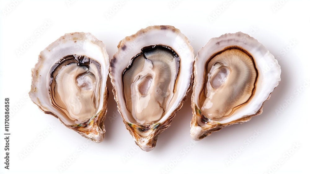 Three fresh oysters on white background, top view. Three fresh oysters on white background, top view.