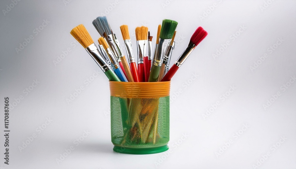 Fototapeta premium Colorful Artist Paintbrushes in a Green Mesh Holder