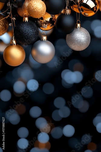 A bunch of gold and silver ornaments hanging from a string photo