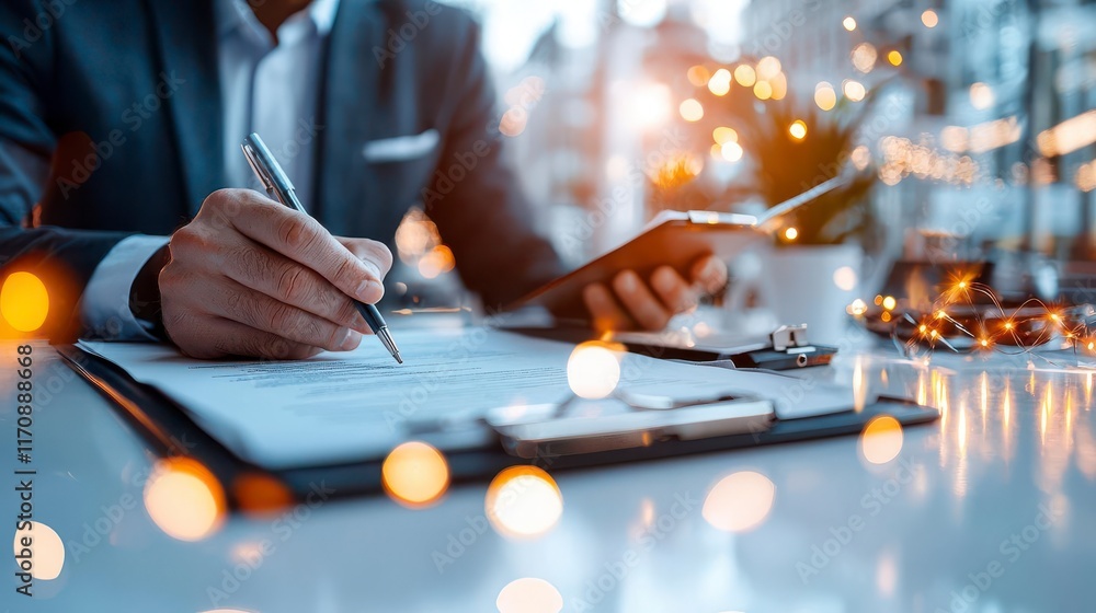 Obraz premium Executive's Focused Hand Signs Crucial Document.