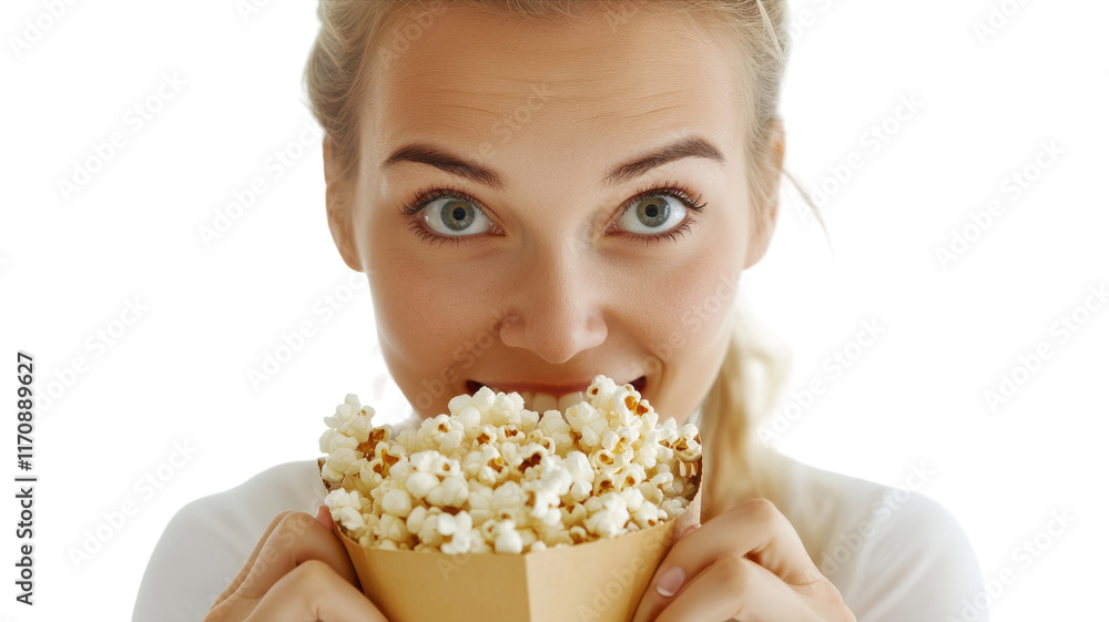 Enjoying Movie Time: A Young Woman Eating a Bag of Popcorn for a Perfect Cinematic Experience. Enjoying Movie Time: A Young Woman Eating a Bag of Popcorn for a Perfect Cinematic Experience.