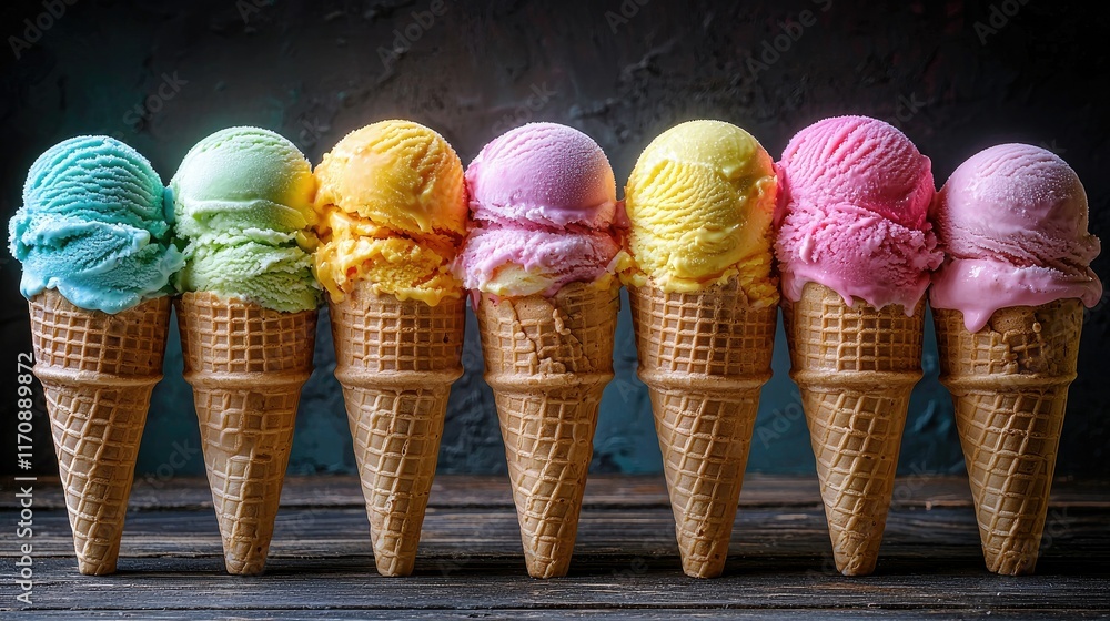 A Delightful Row of Colorful Ice Cream Cones