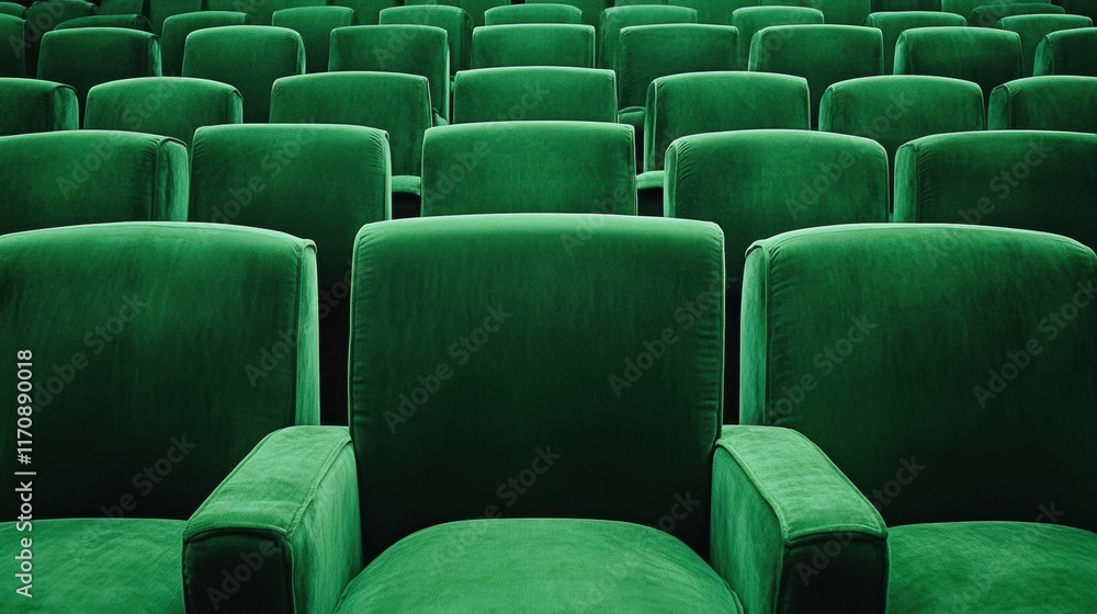 Obraz premium A row of green chairs are empty in a theater