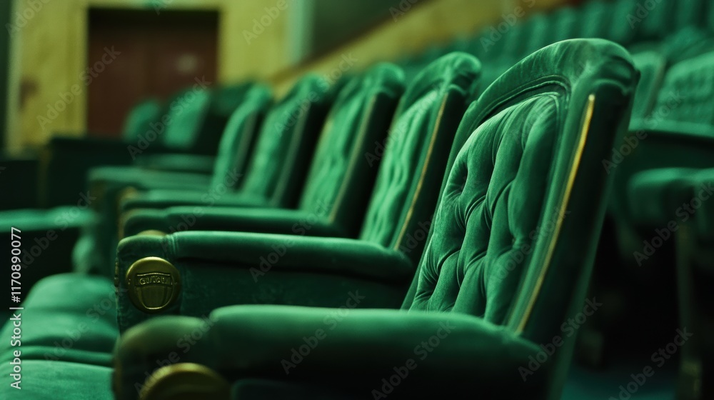 Obraz premium A row of green chairs are arranged in a theater