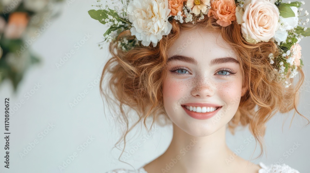 Radiant redhead smiles, adorned with a delicate flower crown. Pure beauty. Radiant redhead smiles, adorned with a delicate flower crown. Pure beauty.