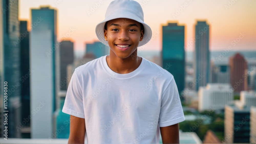 Black teenage boy wearing white t-shirt and white bucket hat standing on cityscape background Black teenage boy wearing white t-shirt and white bucket hat standing on cityscape background