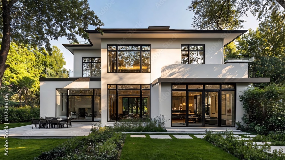 Modern white house with large windows, patio, and landscaping. Modern white house with large windows, patio, and landscaping.