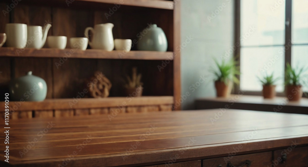 Fototapeta premium A close-up shot of a vintage wooden table or shelf in an empty interior design setting conveys a sense of nostalgia and simplicity