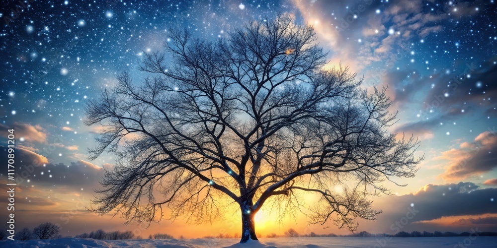 Bare branches of deciduous tree against darkening sky and falling snowflakes in late winter landscape at dusk , serene, frosty Bare branches of deciduous tree against darkening sky and falling snowflakes in late winter landscape at dusk , serene, frosty