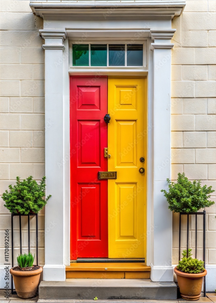A striking entrance features a dual-tone door split between pink and teal, complemented by yellow accents. A striking entrance features a dual-tone door split between pink and teal, complemented by yellow accents.