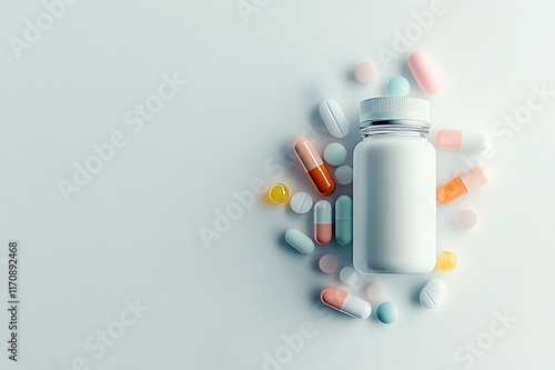 A bottle of prescription pills spilled onto a white surface, the colorful capsules forming a scattered pattern