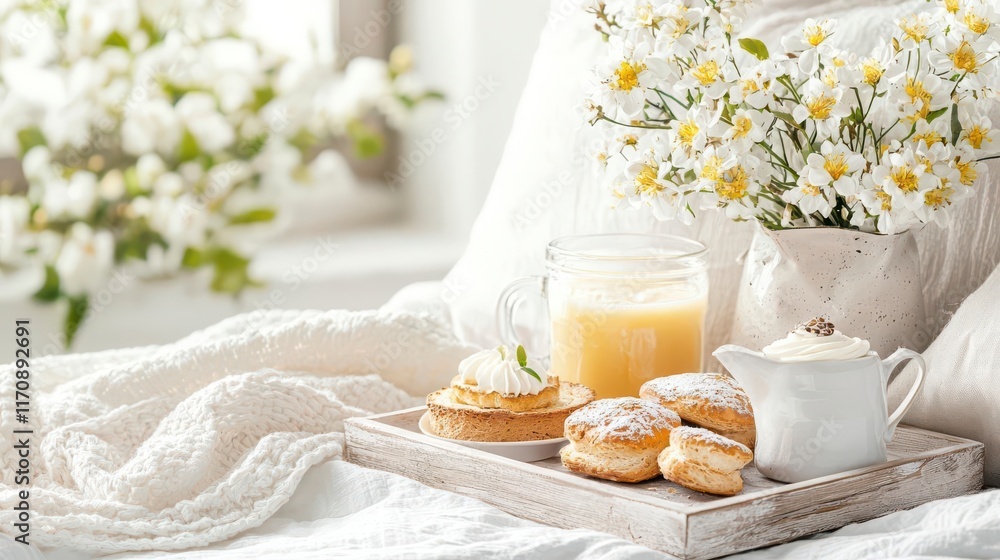 Serene Breakfast in Bed: Enjoy pastries, juice, and flowers. Serene Breakfast in Bed: Enjoy pastries, juice, and flowers.