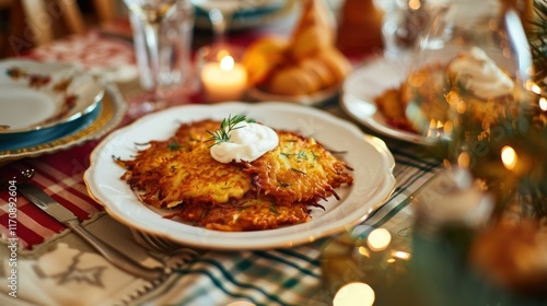 Delicious Potato Pancakes with Creamy Topping for a Festive Holiday Meal photo