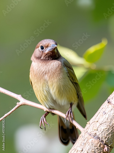 Female of Satin Bowerbird - Ptilonorhynchus violaceus a bowerbird endemic to eastern Australia, hybrid between satin and regent bowerbird is Rawnsley's bower, green brown body and blue eyes. photo