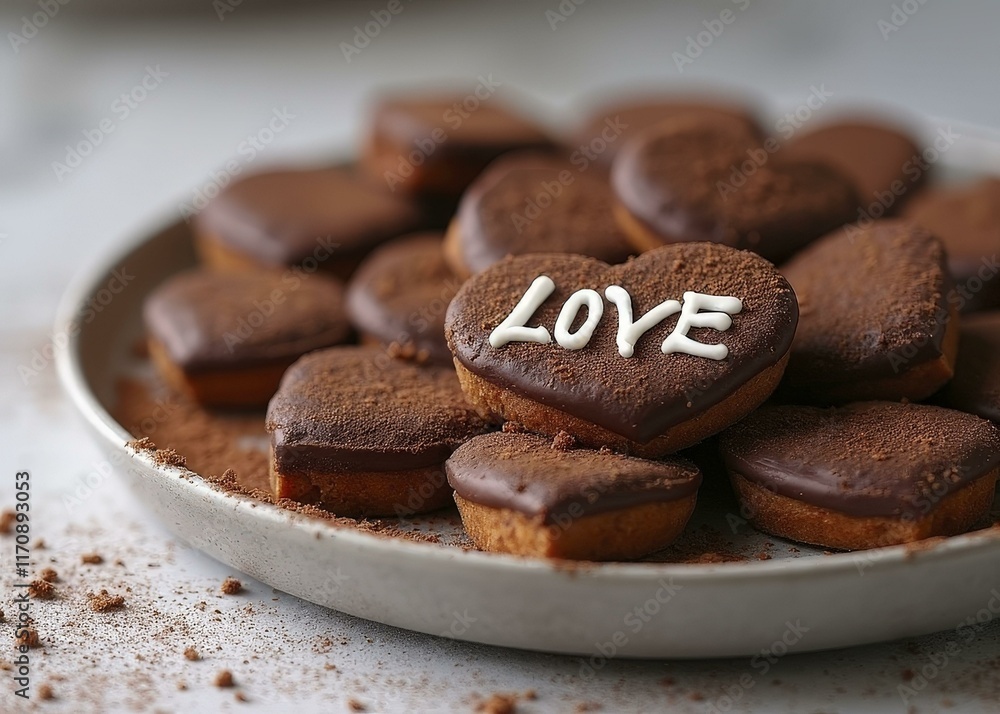LOVE written in white icing on a plate of heart-shaped chocolate ganache tarts, dusted with cocoa powder for a cozy, romantic vibe LOVE written in white icing on a plate of heart-shaped chocolate ganache tarts, dusted with cocoa powder for a cozy, romantic vibe