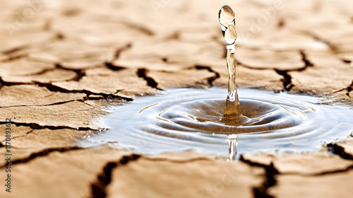 Water droplet falling on cracked dry earth, symbolizing drought and water scarcity