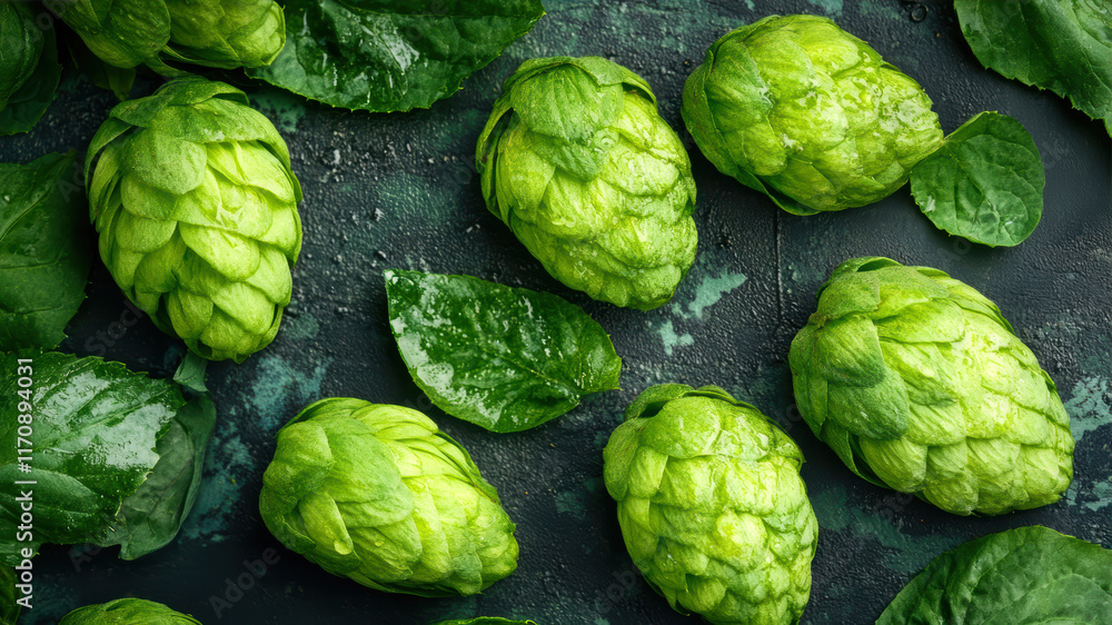 Obraz premium Fresh Green Hop Cones Ready for Brewing Beer and Baking Artisanal Bread in a Vibrant Kitchen Setting