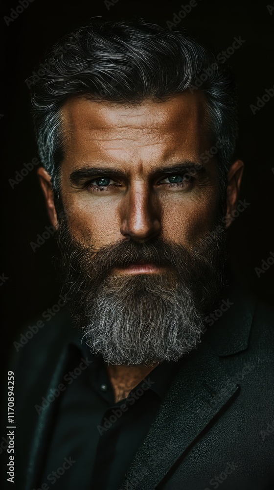 A man with a beard and glasses is wearing a black suit and looking at the camera A man with a beard and glasses is wearing a black suit and looking at the camera