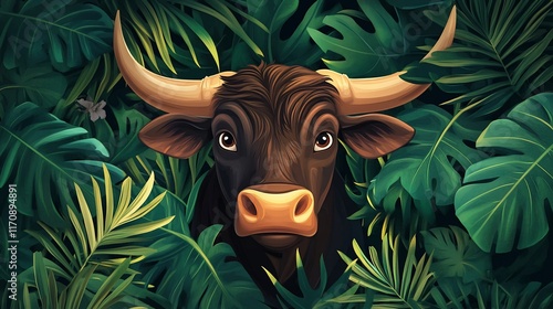 Bull's head peeking through tropical foliage. photo