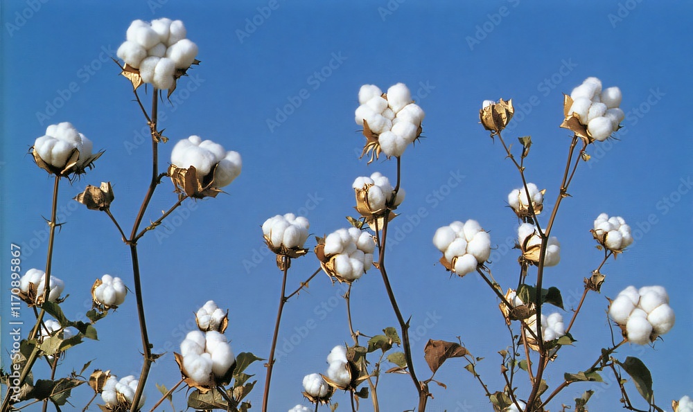 Ripe cotton bolls on plants against a clear blue sky. Ripe cotton bolls on plants against a clear blue sky.