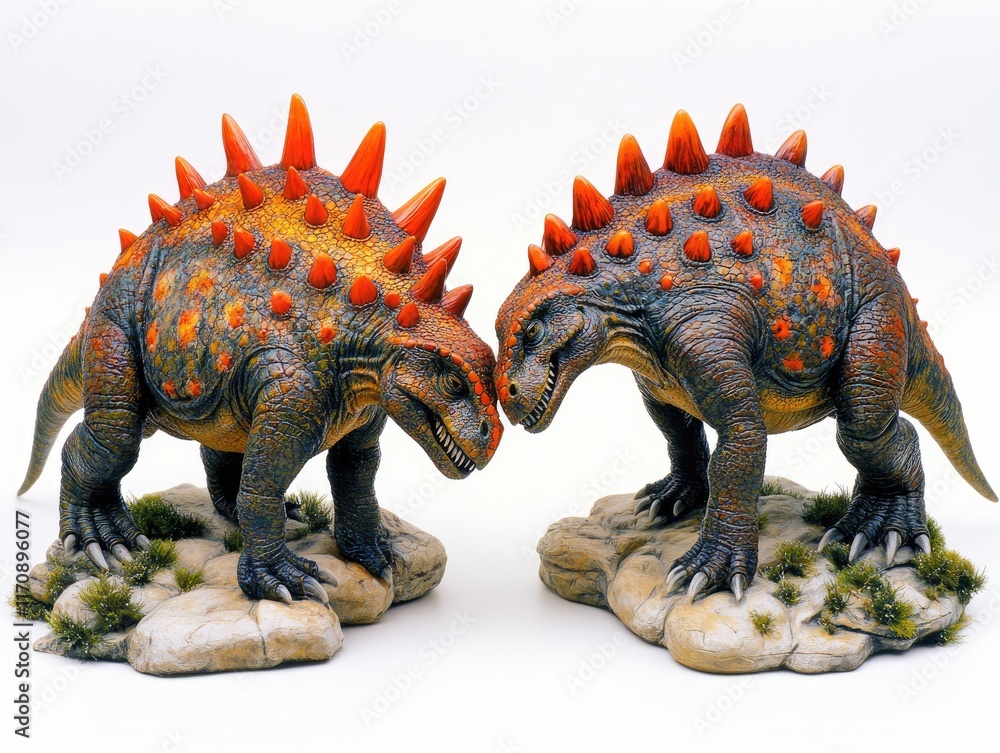 Obraz premium Two colorful dinosaur figurines facing each other on rocky bases.
