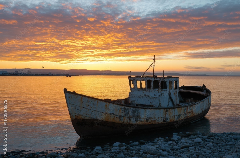 A boat is sitting on the shore of a body of water A boat is sitting on the shore of a body of water