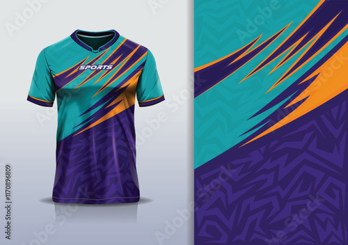 T-shirt mockup abstract texture grunge texture curve line sport jersey design for football, soccer, racing, esports, running, in green purple color