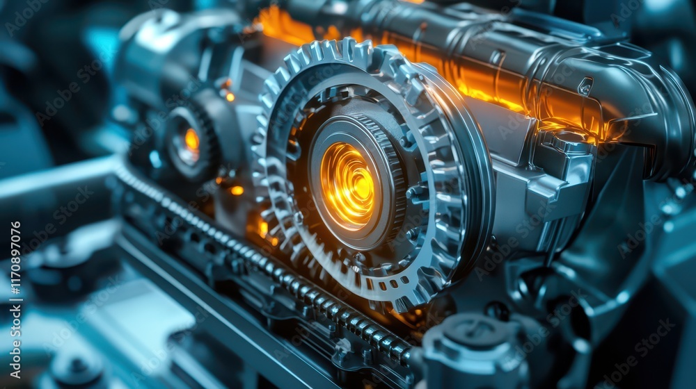 A high-tech car engine, with rotating gears, pistons, and glowing components working together to create an efficient, powerful system. A high-tech car engine, with rotating gears, pistons, and glowing components working together to create an efficient, powerful system.