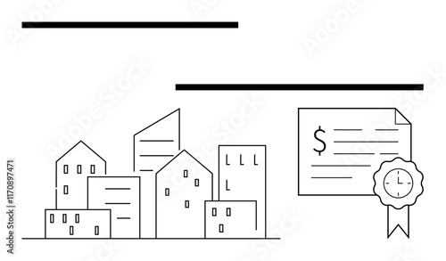 Buildings of varying heights and shapes represent urban landscape, with a certificate indicating monetary value and a ribbon highlighting completion. Ideal for investments, certifications, urban