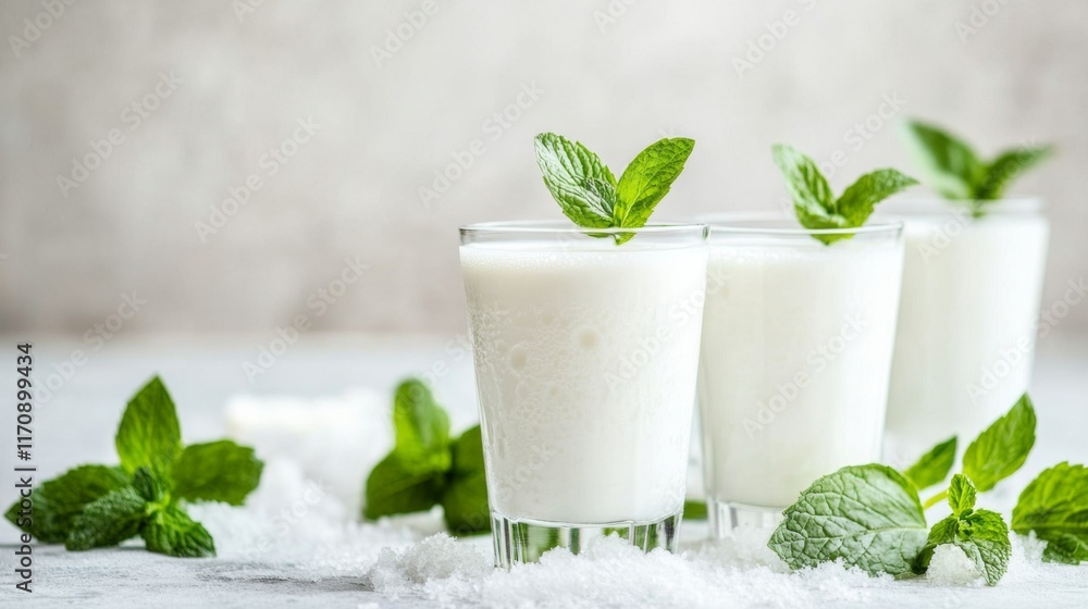 Fresh Milk with Mint Accents in Natural Lighting Fresh Milk with Mint Accents in Natural Lighting
