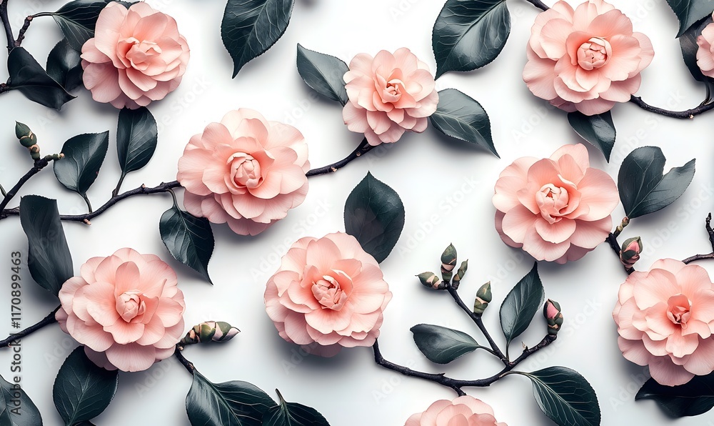 custom made wallpaper toronto digitalFlat lay of delicate pink camellia blossoms and dark green leaves arranged on white background.