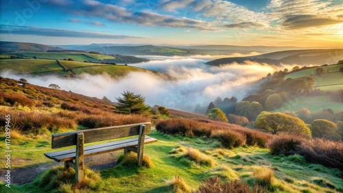 A serene wooden bench sits atop a hill overlooking the wooded Dart Valley in Dartmoor National Park, Devon, UK, with misty morning fog gently rolling in , dart valley, benches photo