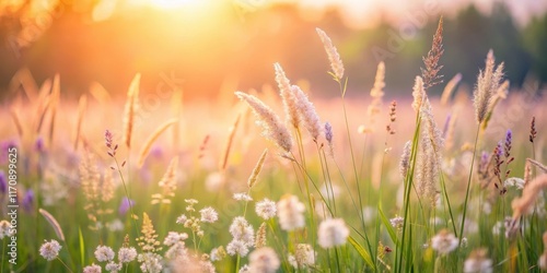 A gentle breeze rustling through a field of tall grass and wildflowers with a soft focus on the blurred background , peacefulness, atmosphere