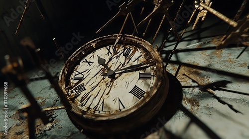 A clock with roman numerals is broken and has a shadow on it