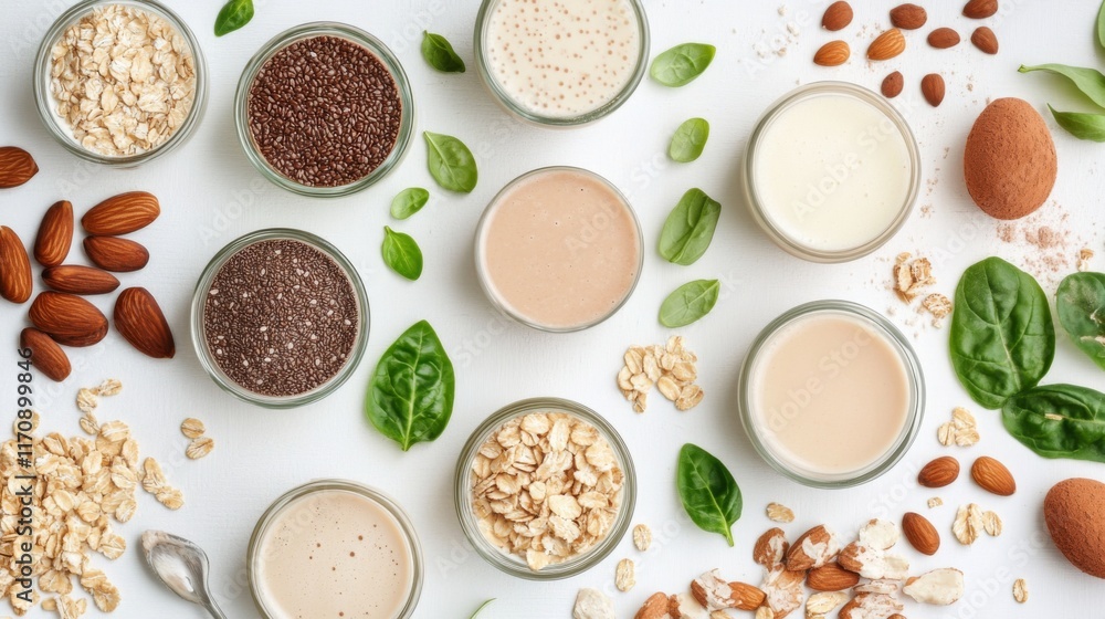 Naklejka premium Fresh Plant-Based Milks on White Background