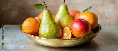 Fresh Fruit Bowl with Pears, Oranges, and Mangosteen. photo