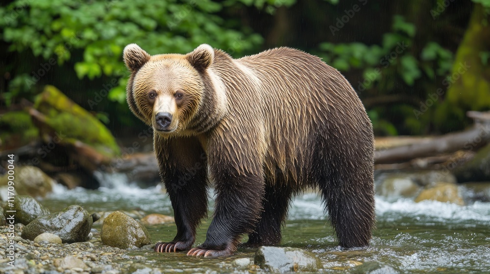 Fototapeta premium A grizzly bear standing in a stream surrounded by lush greenery.