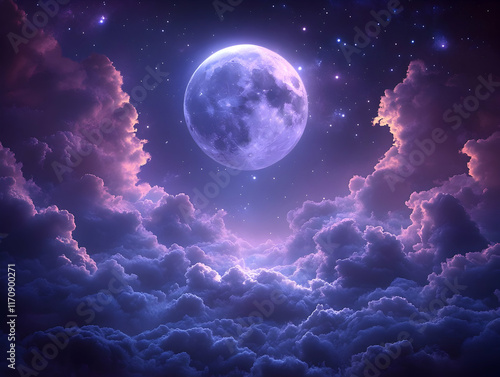Full moon shining brightly in a purple and pink night sky above fluffy clouds.