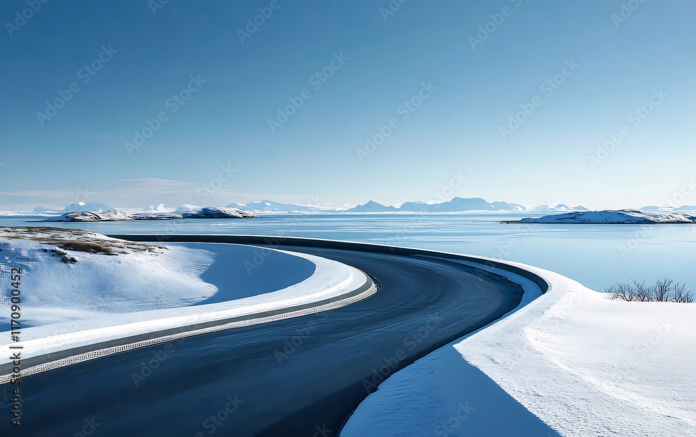 Winding road curves along a snow-covered coast, mountains in the background under a clear blue sky. Winding road curves along a snow-covered coast, mountains in the background under a clear blue sky.