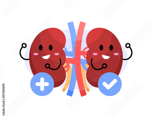 illustration of a pair of kidneys smiling happily because they are in a healthy condition. healthy kidney organ. health and condition. character expression. flat style character design. element