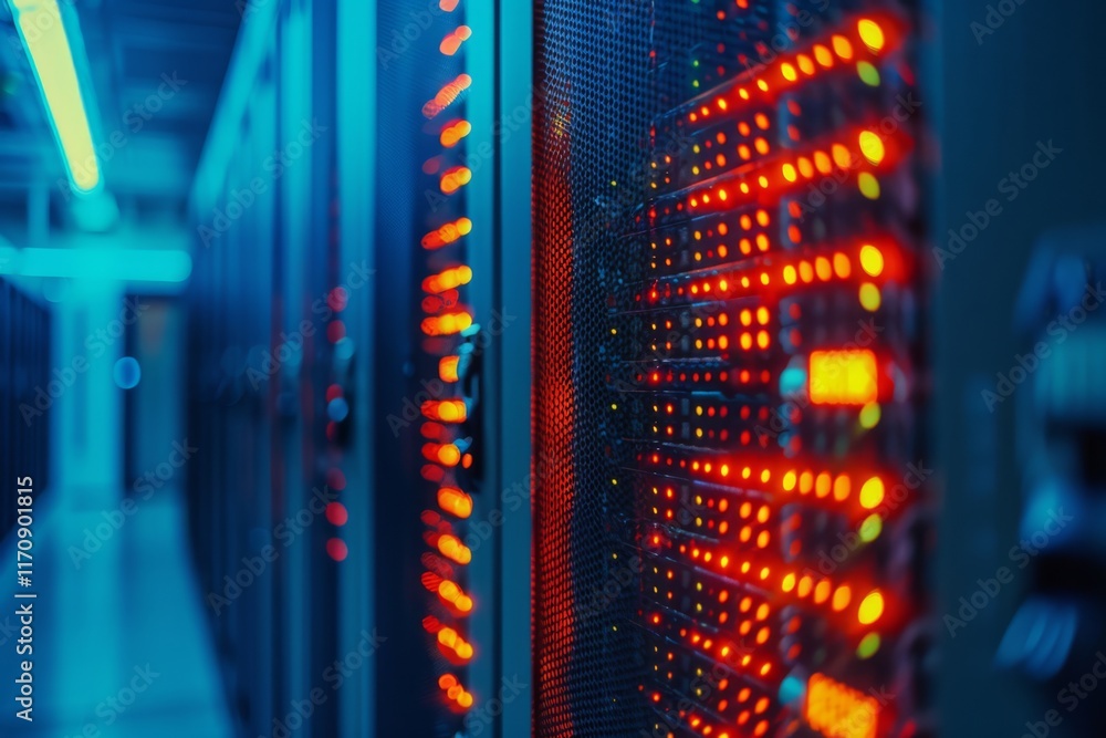 Obraz premium Red Lights in a Modern Data Center Server Room