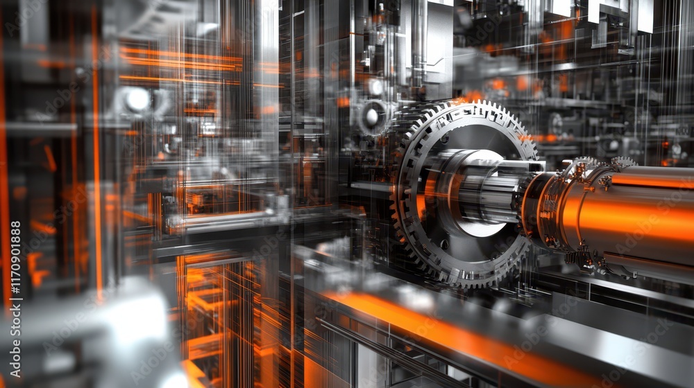 Fototapeta premium A high-tech industrial factory with rotating cogs, gears, and machinery, showcasing the seamless integration of design and technology.
